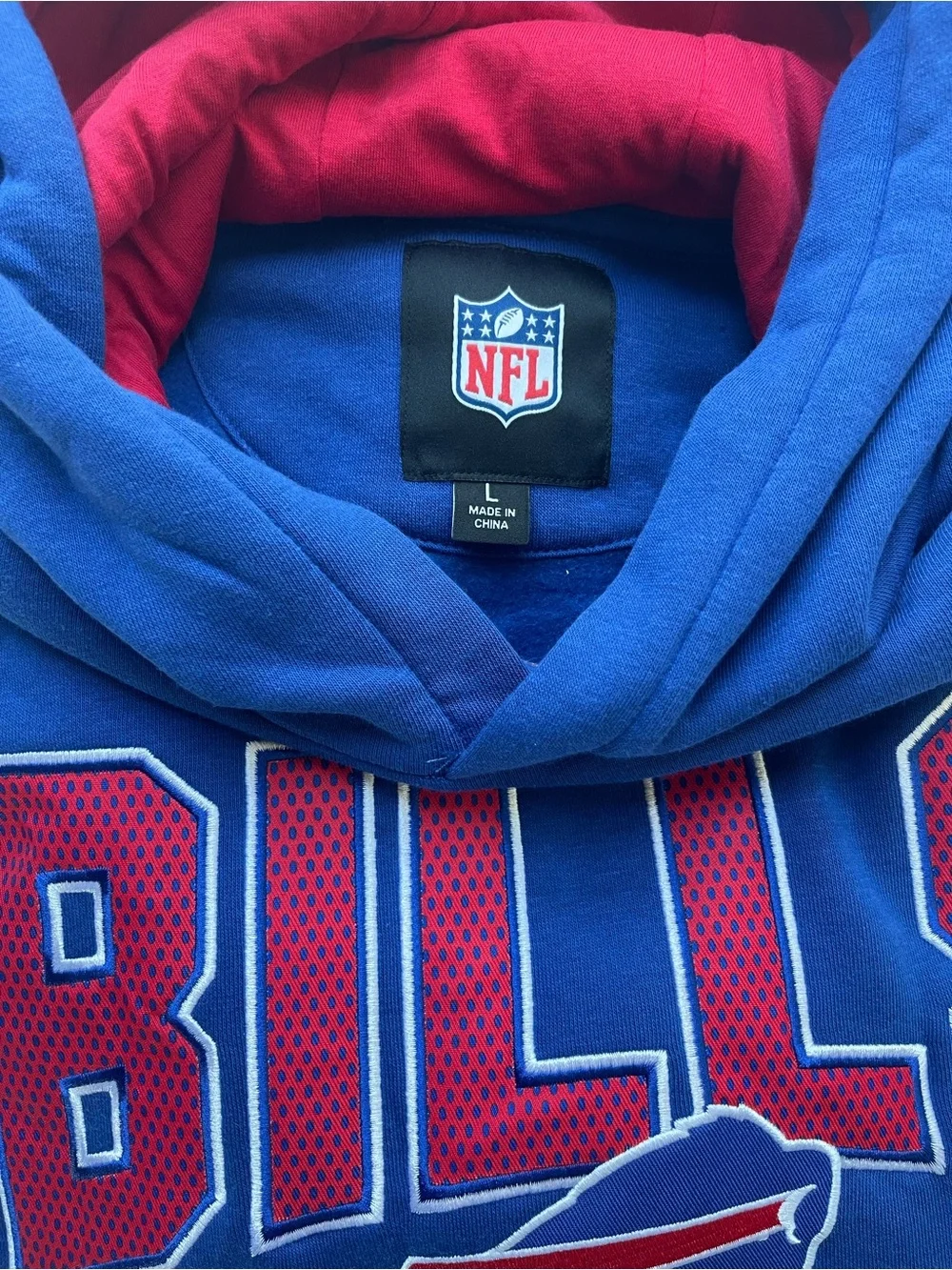 Buffalo Bills Hoodie (Men’s Size L) NFL Sweatshirt Red Blue Patches Like New